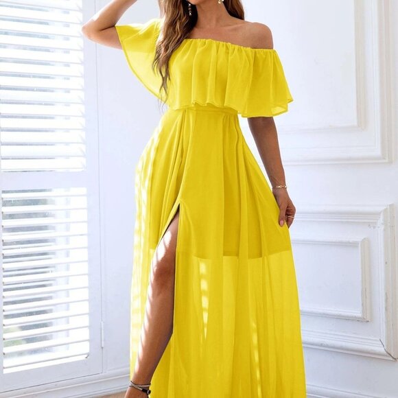 Yellow Preppy Womens Off Shoulder Ruffle Trim Split Thigh Chiffon Formal Dress - Picture 1 of 5
